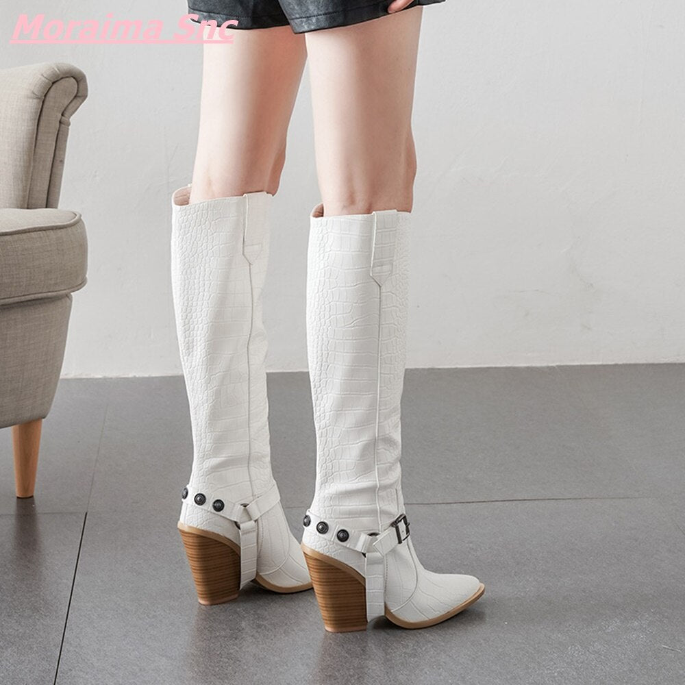 Snakeskin Pattern Knee-High Pointed Toe Wedges