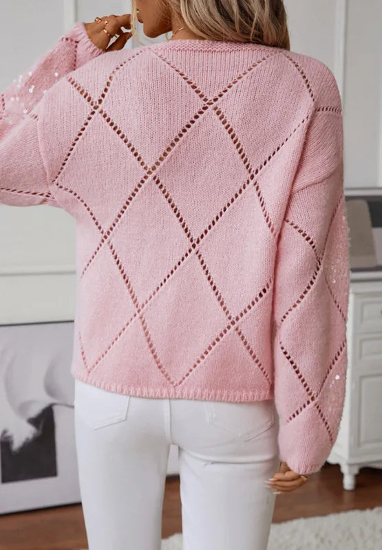 Diamond Grid Sequin Knitted Sweater