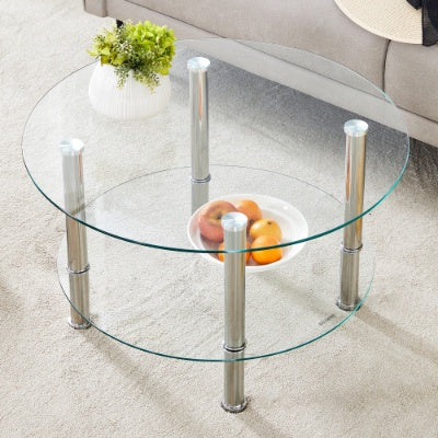Double Layer Tempered Glass Coffee Table 27.5 Top And 23.6 Bottom with Stainless Steel Silver Plated Legs