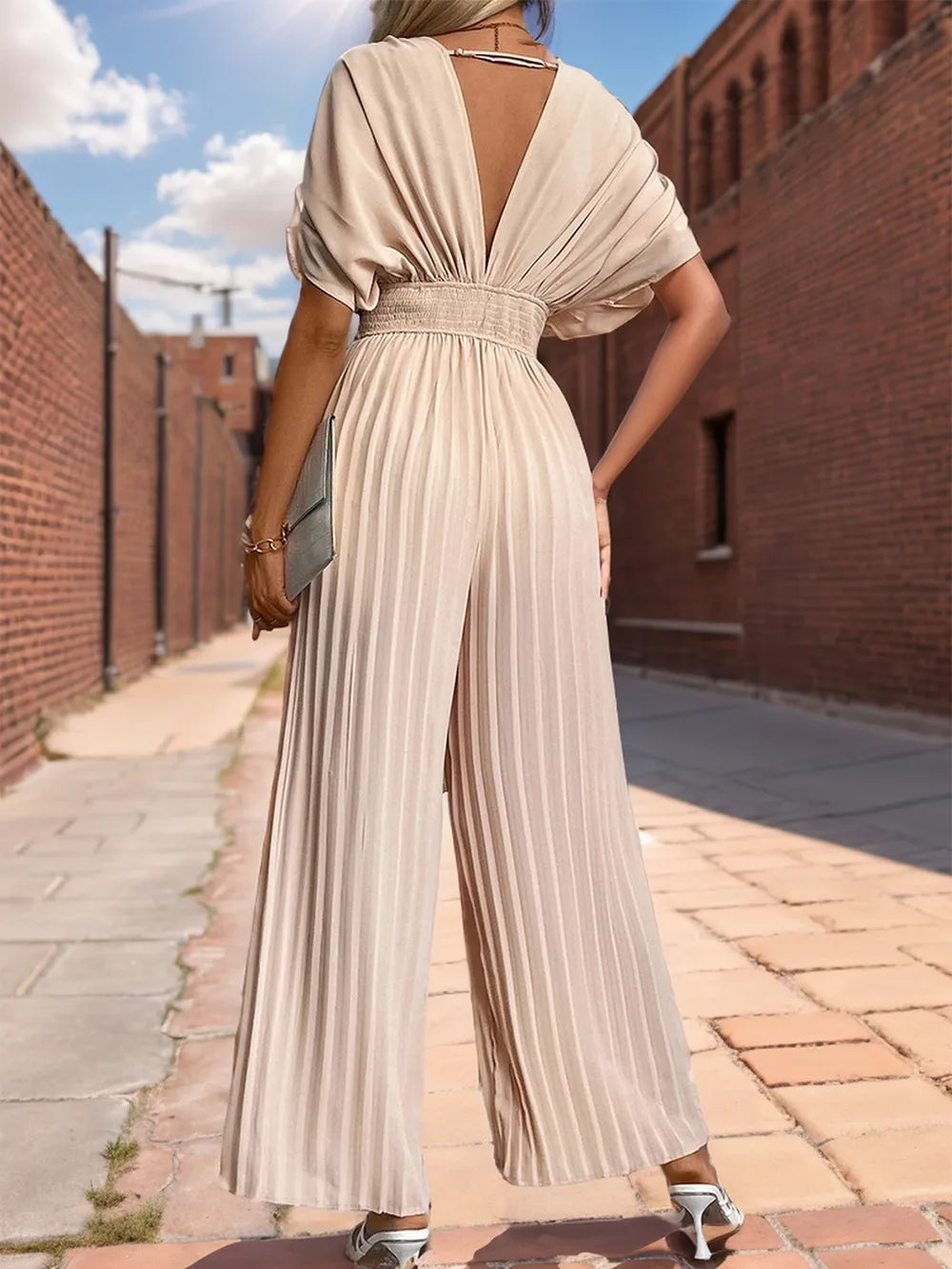Cross V-neck Pleated Wide Leg Jumpsuit