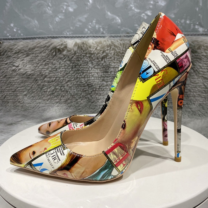 Picture Print Pointy Toe High Heels