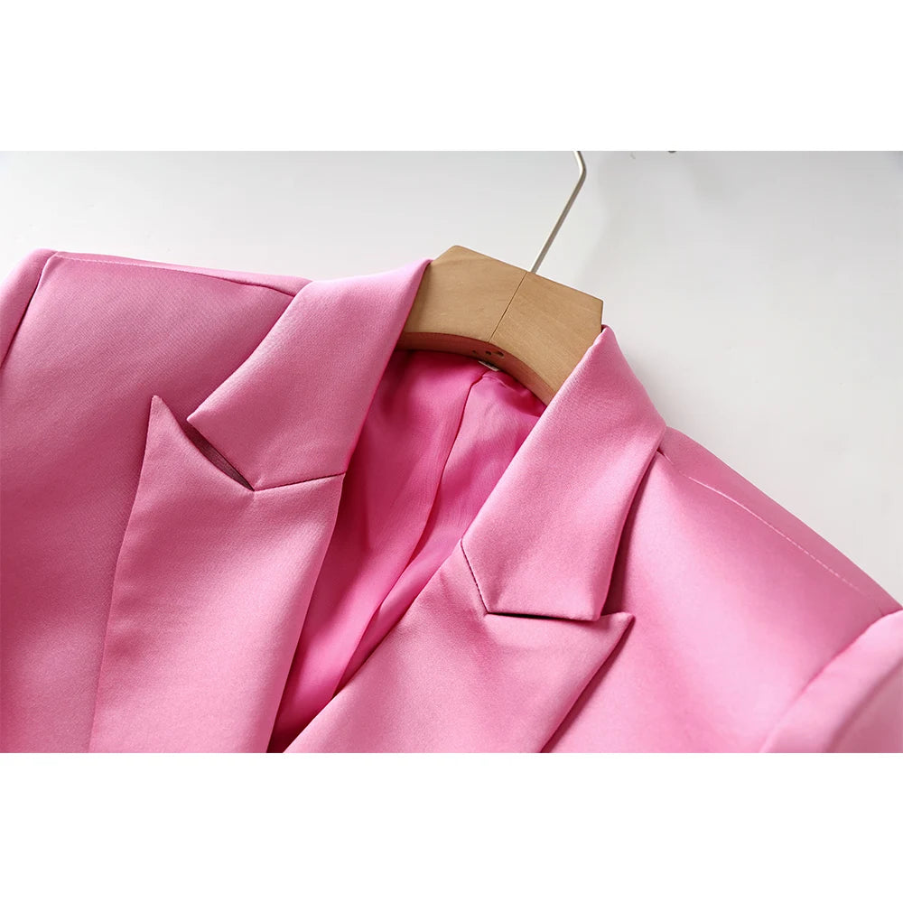 Pink Satin 3PCS Blazer Mini Skirt Set