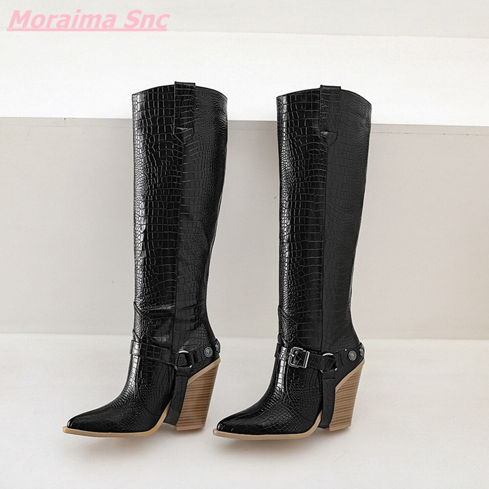 Snakeskin Pattern Knee-High Pointed Toe Wedges