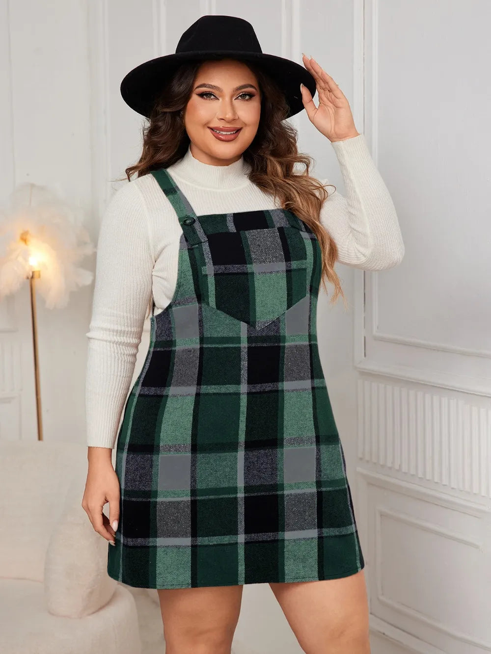 Plaid Wide Strap Overall Dress - Plus Size