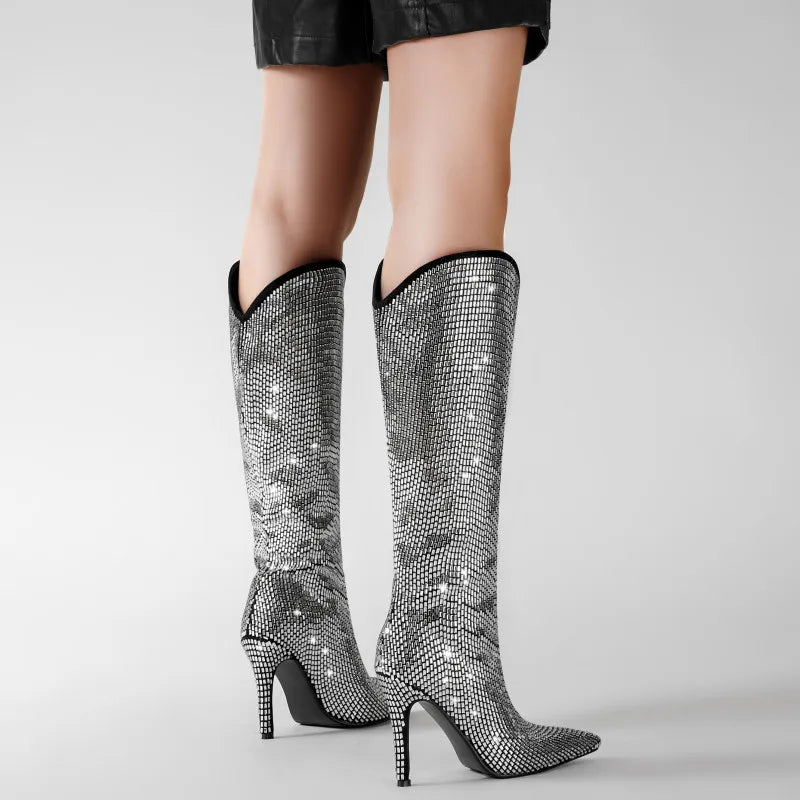 Pointed Toe Sequins High Heel Long Boots
