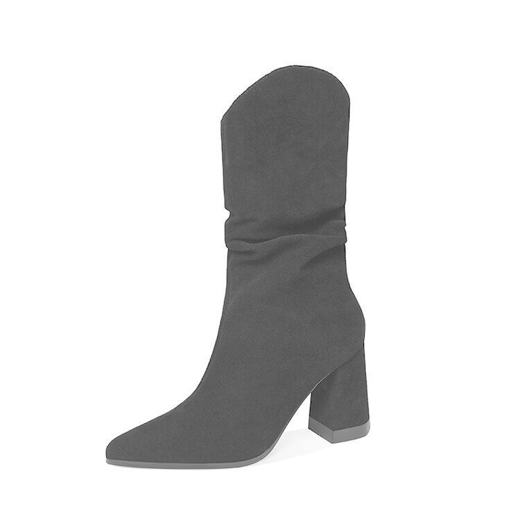 Thick Heel Pointed Toe Nubuck Leather Ankle Boots