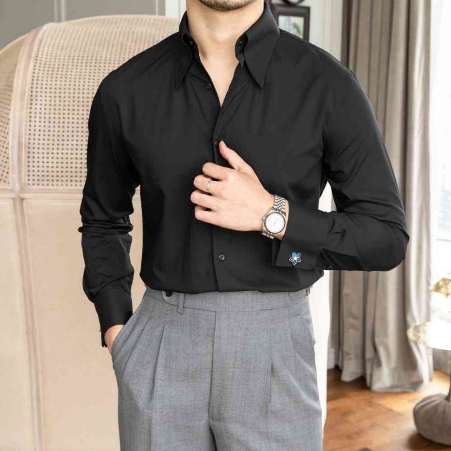 Pointed Collar Wrinkle Resistant Slim Fit Button Down