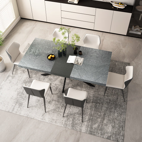 Rectangular Stretch Dining Table - Dark Grey Stone Top and Black Relief Plate - Black Fine Sand Cross Iron Foot Base with Storage Box
