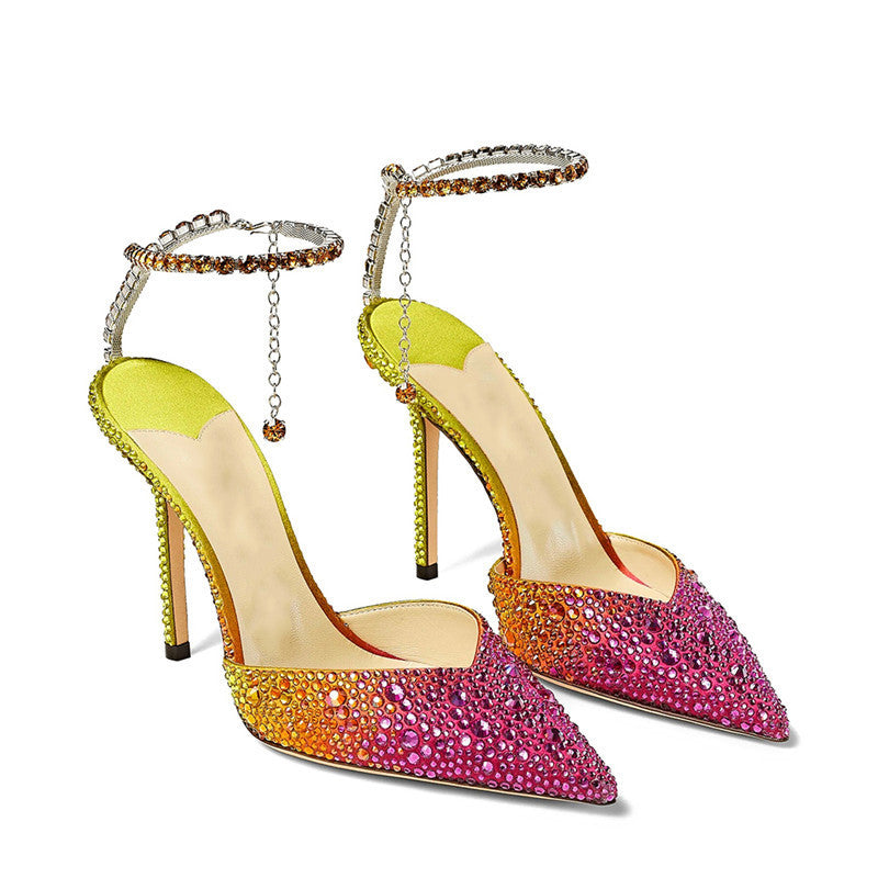 Pointed Color Rhinestone Strapped High Heels
