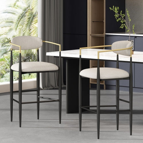 Counter Height Upholstered Bar Stools With Back Barstools Set Of 2 - Beige Faux PU Leather