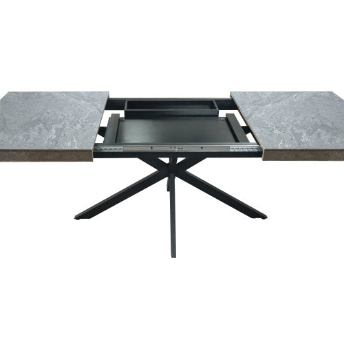 Rectangular Stretch Dining Table - Dark Grey Stone Top and Black Relief Plate - Black Fine Sand Cross Iron Foot Base with Storage Box