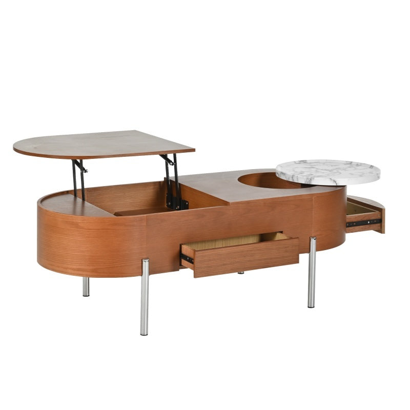47.2-inch Lift Coffee Table With 360 Degree Marble Patterned Rotating Tray with Modern Oval Lift Tabletop