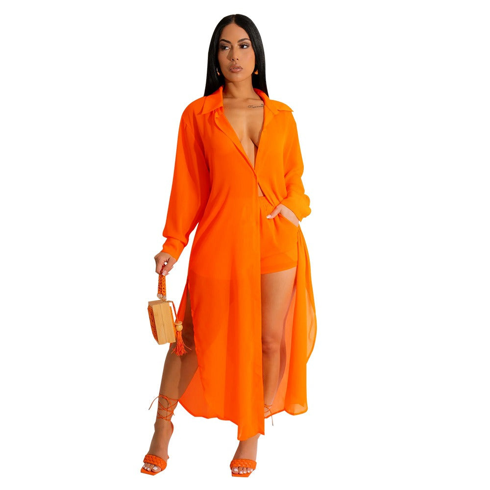 Chiffon Long Shirt Shorts Two Piece Set