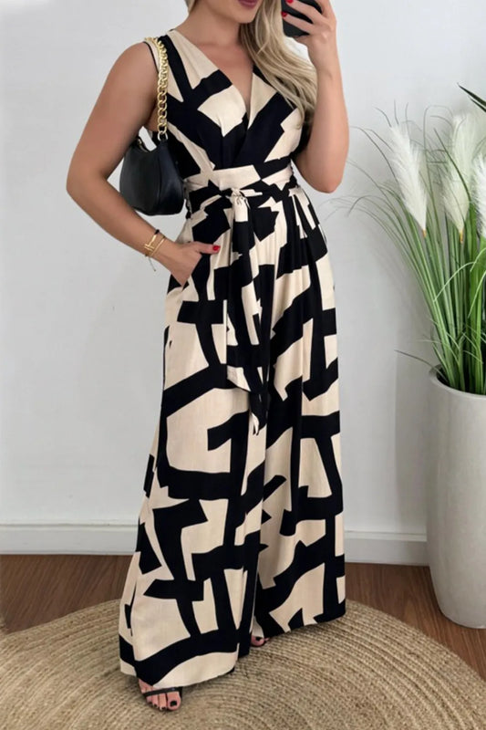 Printed Surplice Sleeveless Tie Waist Jumpsuit