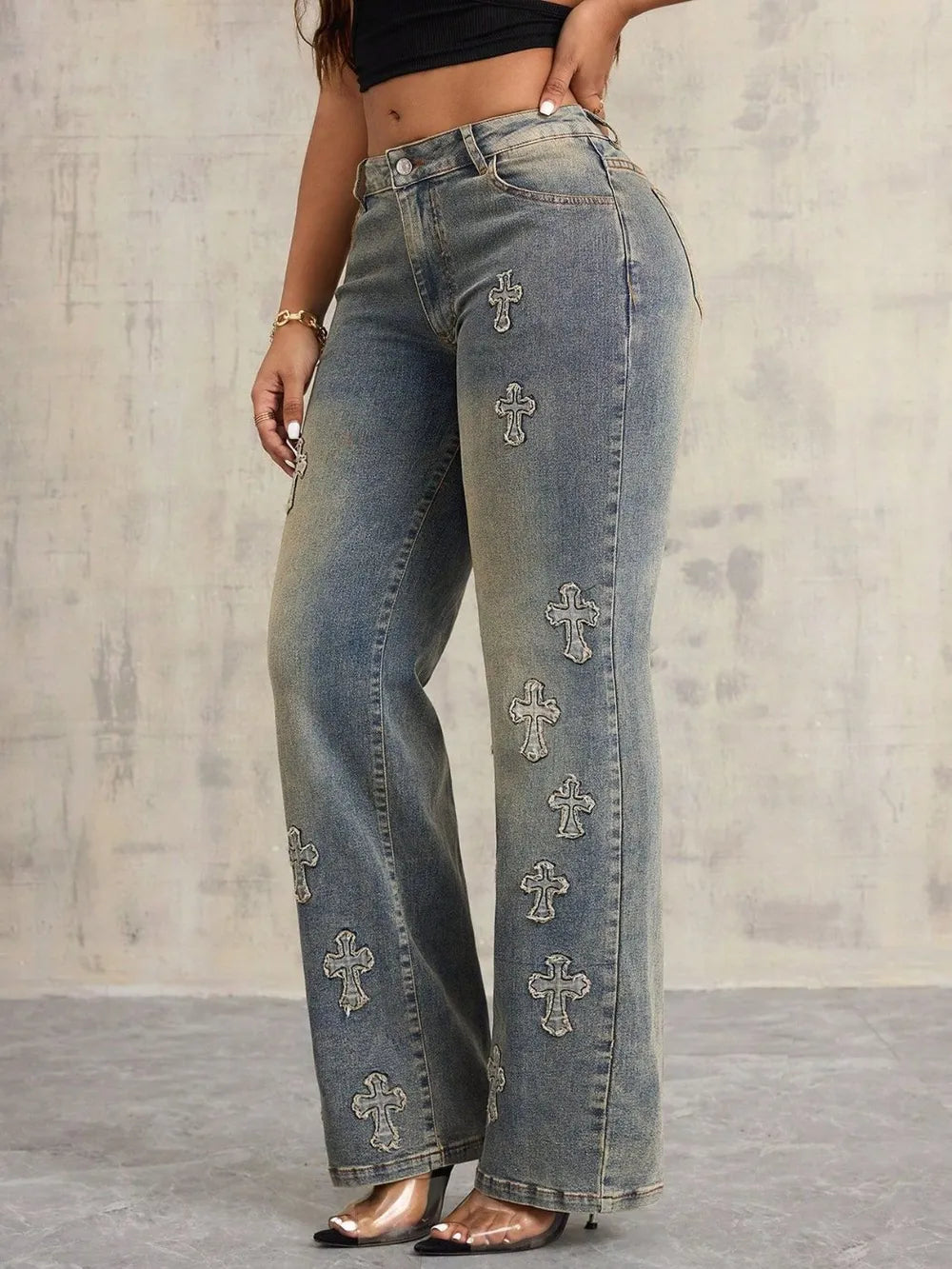 Crosses Stitch Wide Leg Jeans