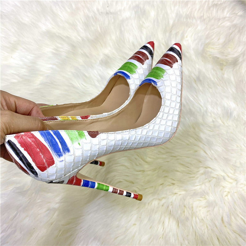 White Snakeskin Graffiti Pointed Toe Stiletto High Heels