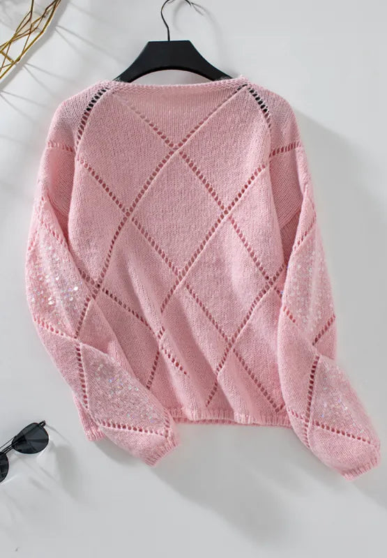 Diamond Grid Sequin Knitted Sweater