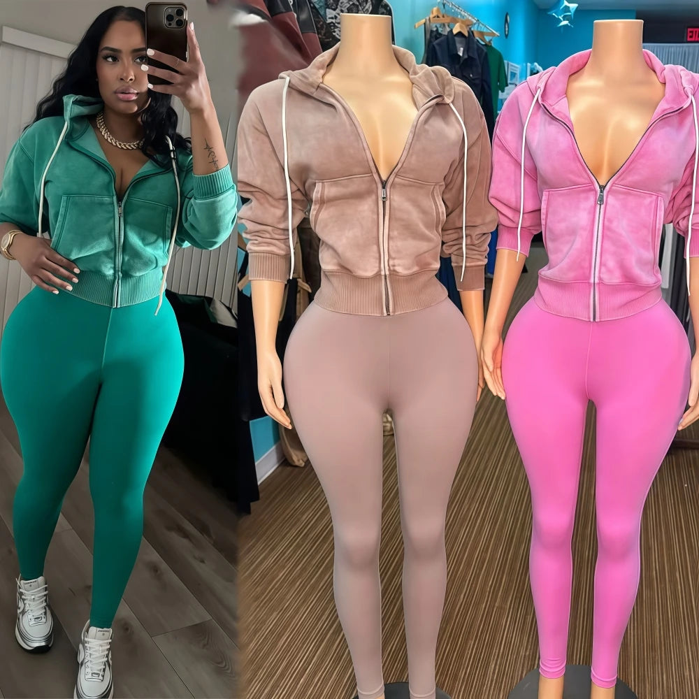 FAGADOER Washed Hooded Crop Top And Skinny Pants Outfits 2PCS Set