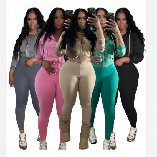 FAGADOER Washed Hooded Crop Top And Skinny Pants Outfits 2PCS Set