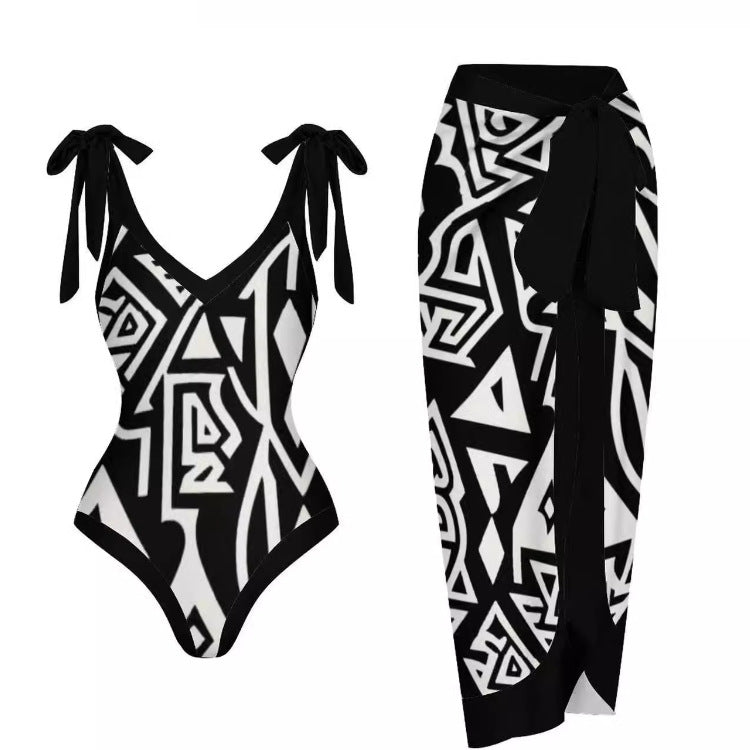 Shoulder Tie One-Piece Gauze Swimsuit Set