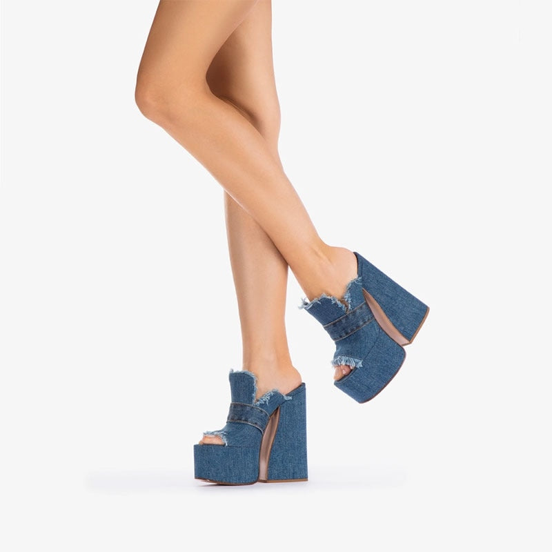 Denim Fish Mouth Thick Platform Heels
