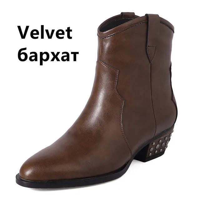 Sharp Toe Cowhide Thick Heel Rivet Cowboy Boots