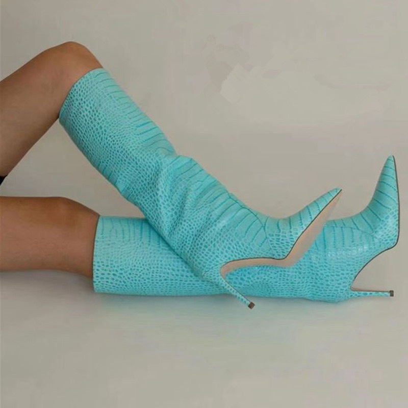 Pointed Toe Crocodile Pattern Knee High Boots