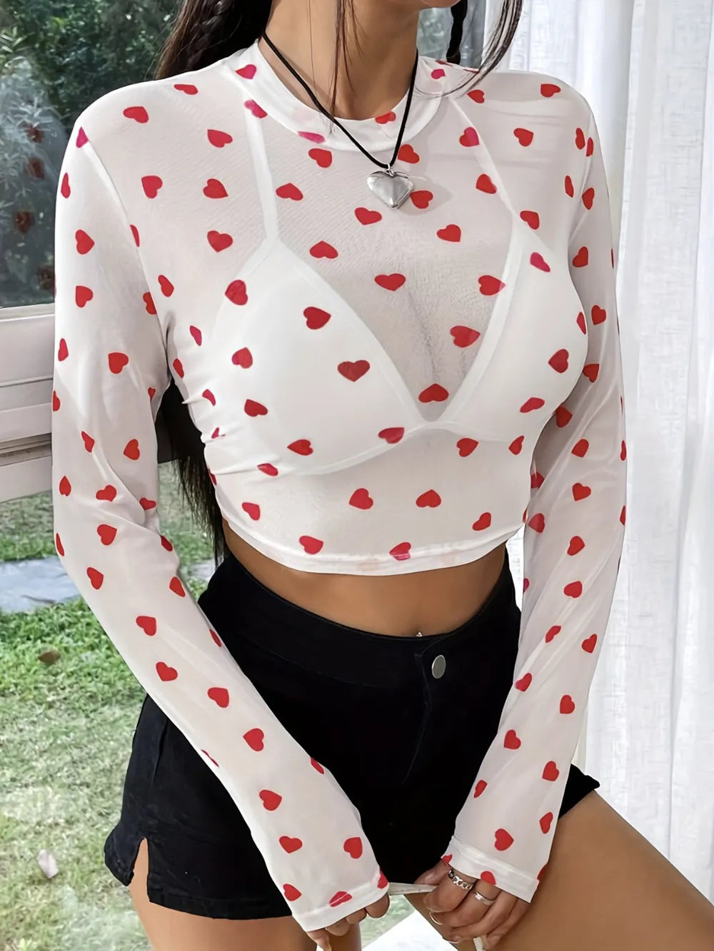 Heart Round Neck Long Sleeve Sheer Blouse