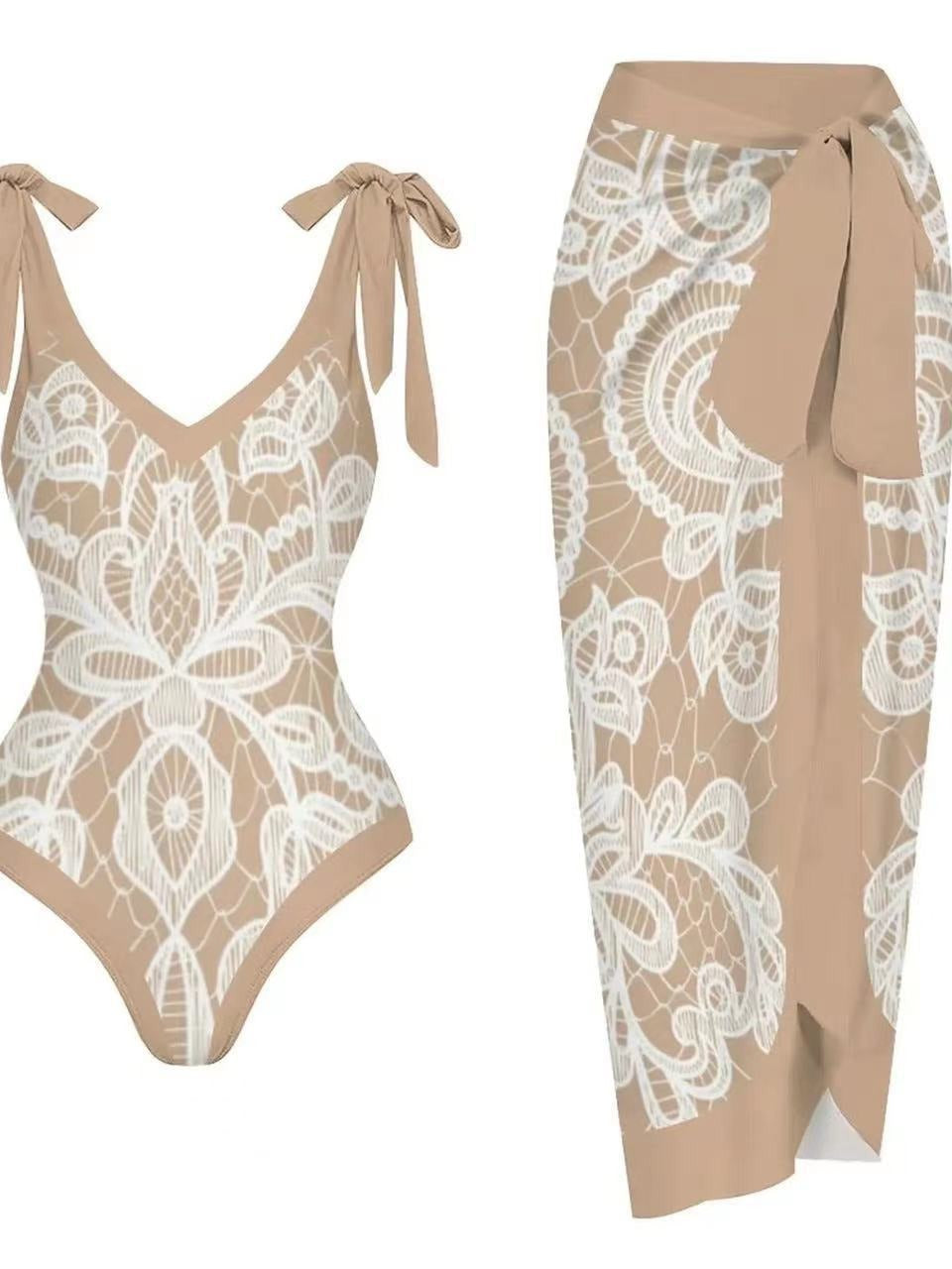 Shoulder Tie One-Piece Gauze Swimsuit Set