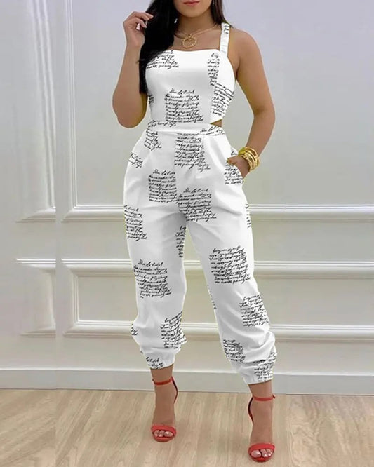 Open Back Cross Lace Up Bow Print Jumpsuit
