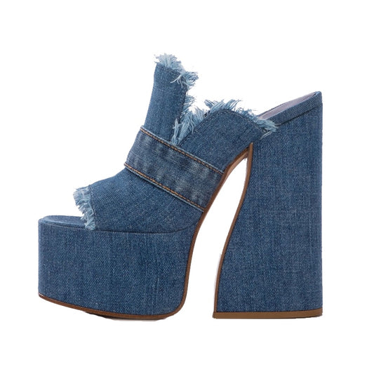 Denim Fish Mouth Thick Platform Heels