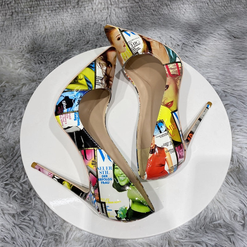 Picture Print Pointy Toe High Heels