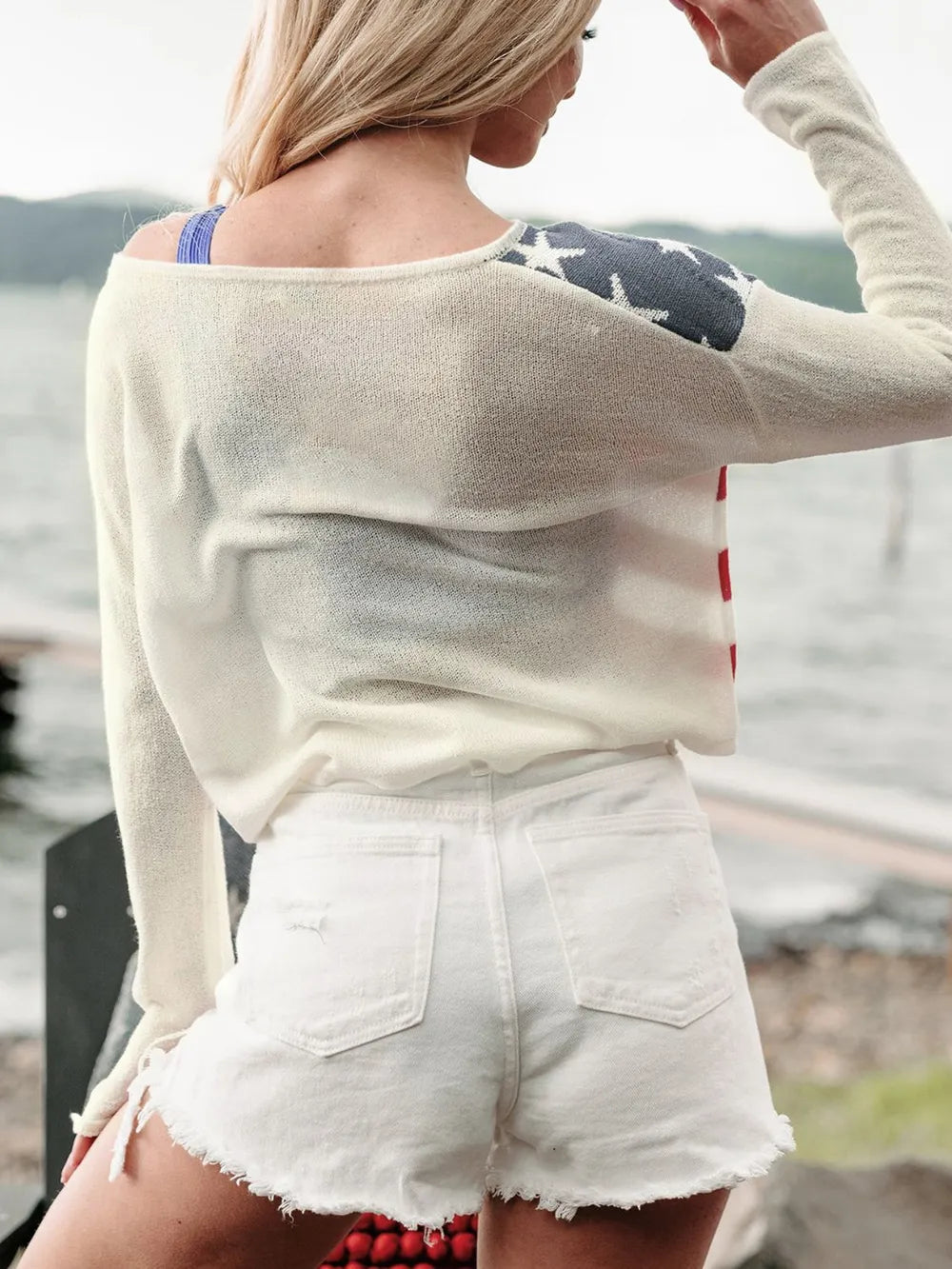 US Flag Boat Neck Long Sleeve Knit Blouse