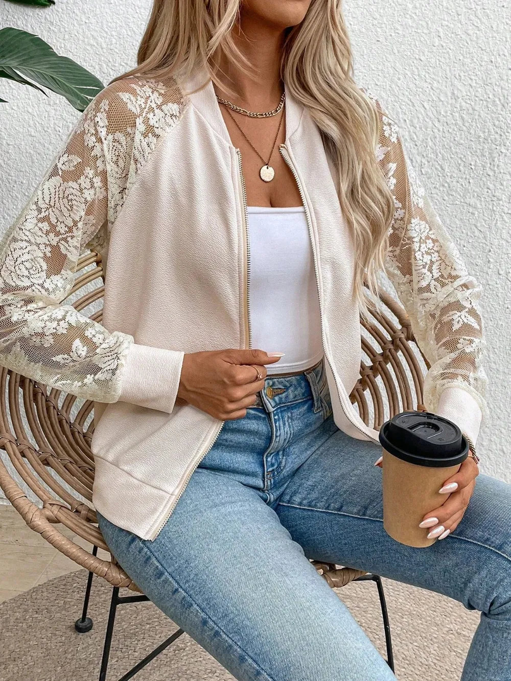 Lace Sleeve Baseball Collar Zip Up Jacket