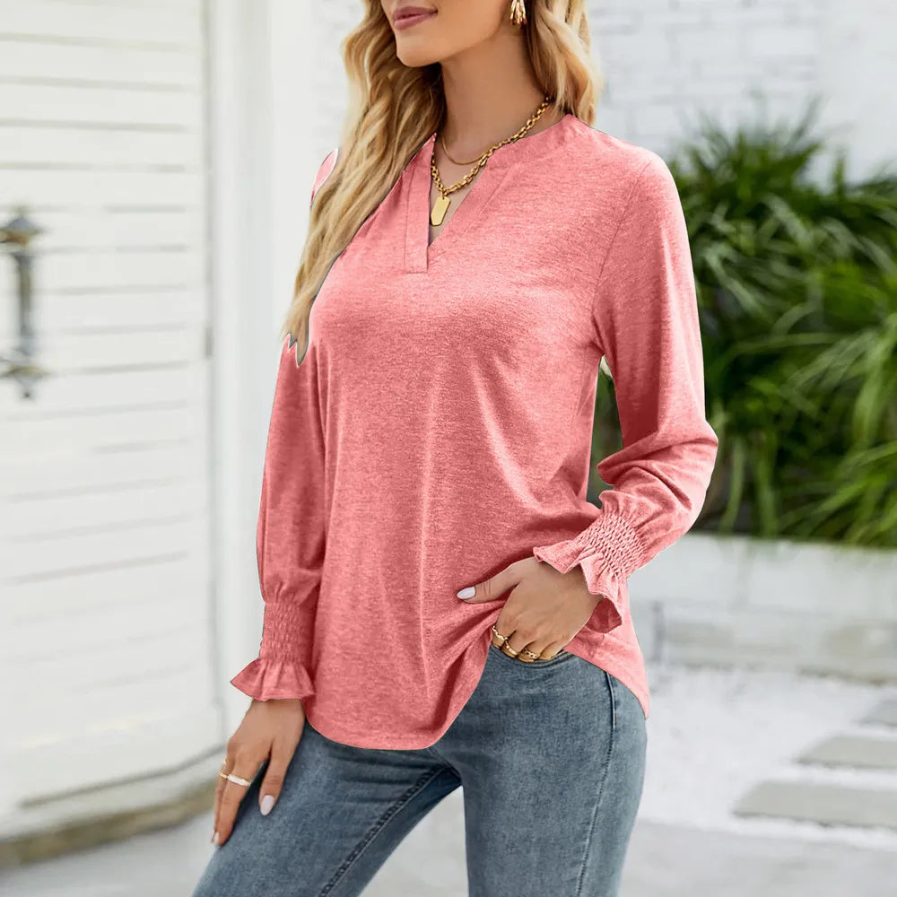 Notched Long Sleeve Blouse