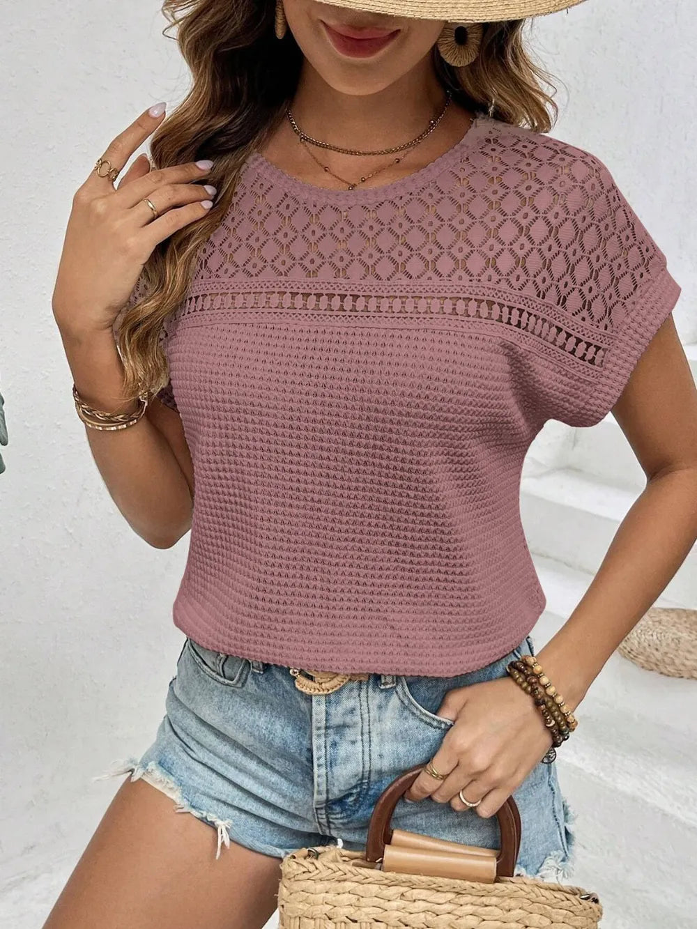 Waffle-Knit Round Neck Short Sleeve Shirt