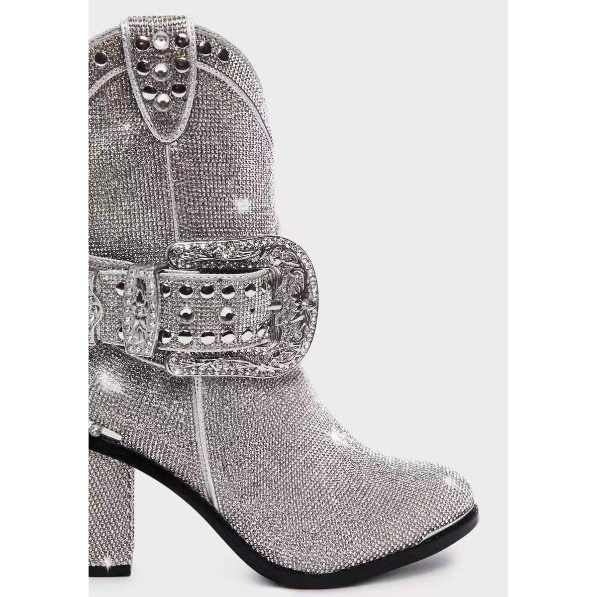 Rhinestone Buckle Thick Heel Boots