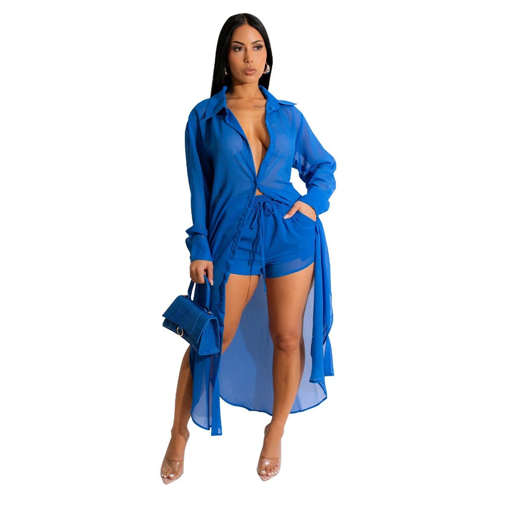 Chiffon Long Shirt Shorts Two Piece Set