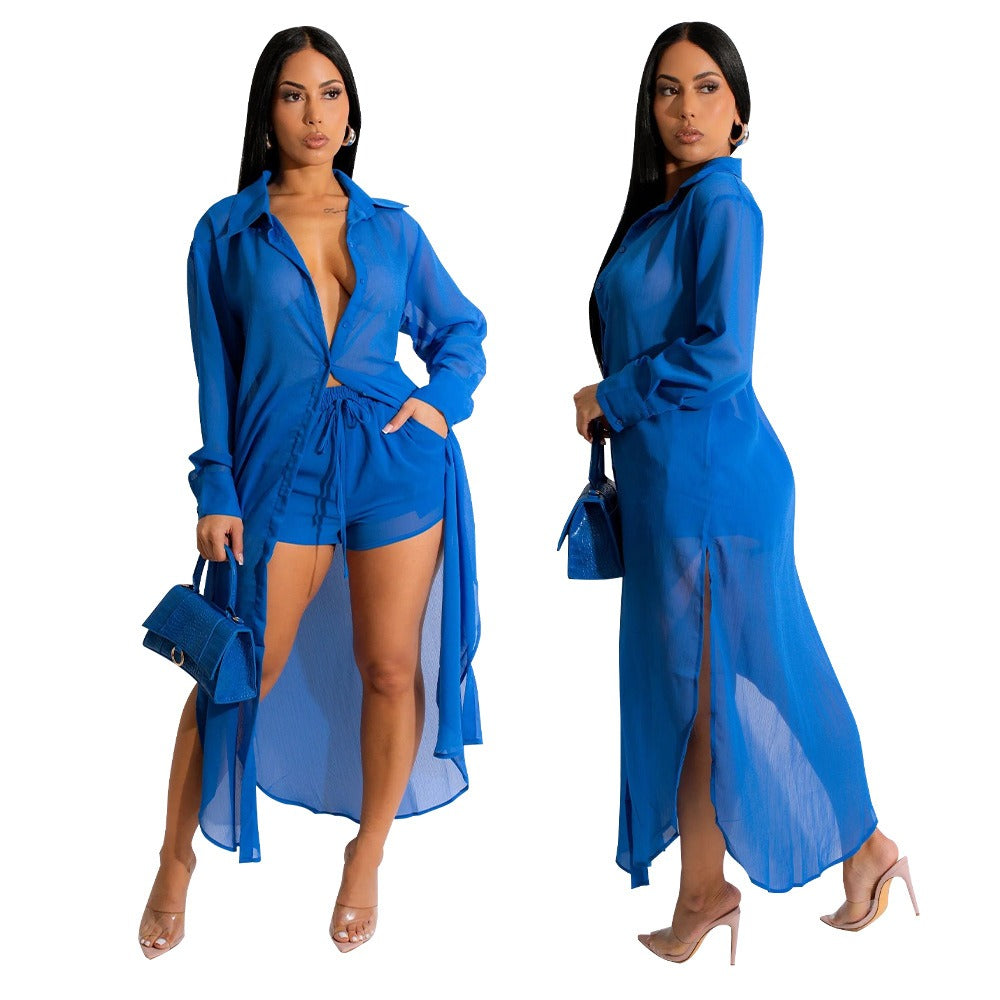 Chiffon Long Shirt Shorts Two Piece Set