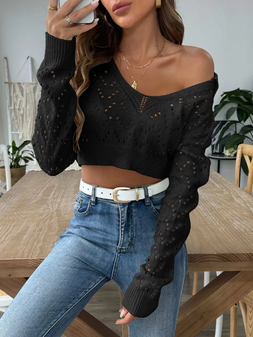 Polo Collar Hollowed Crop Top Sweater