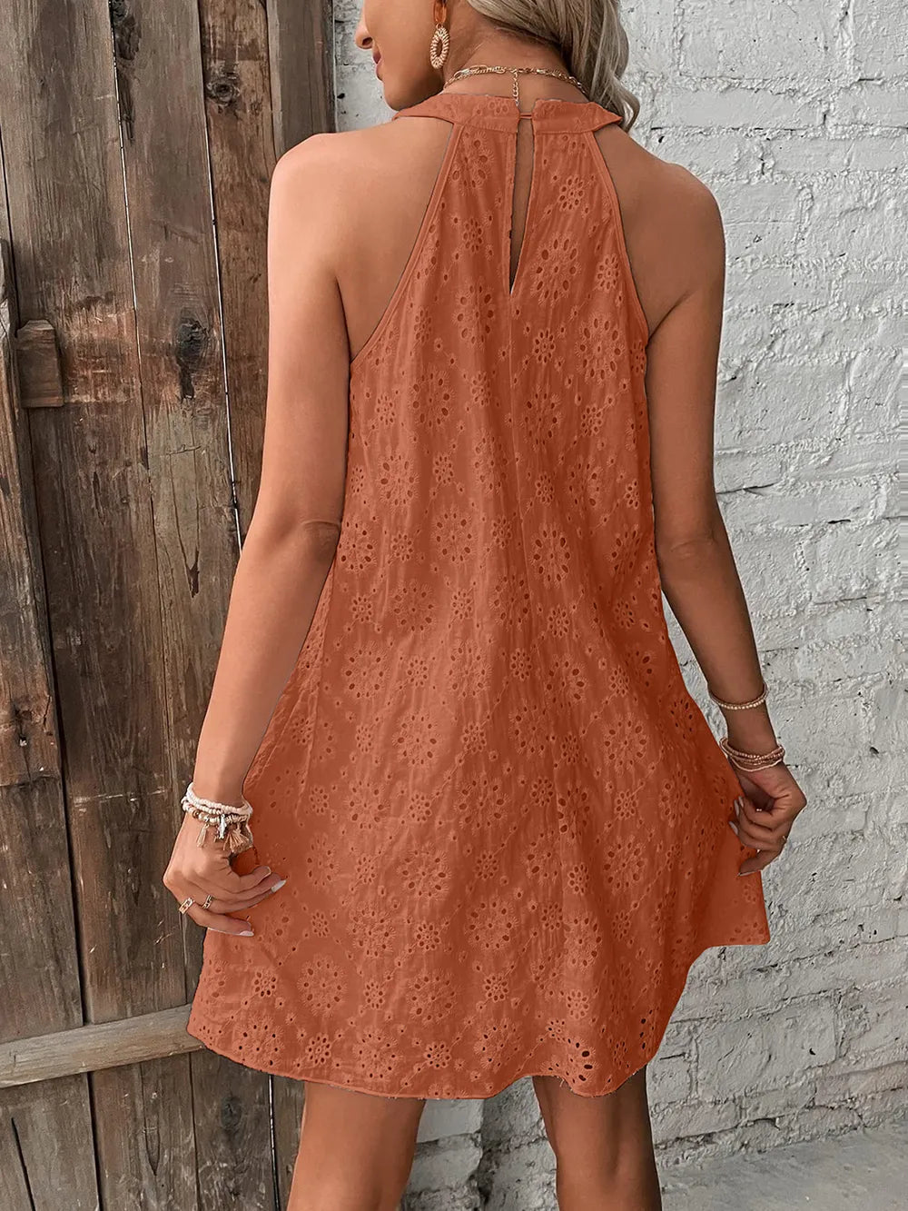 Eyelet Grecian Neck Halter Dress