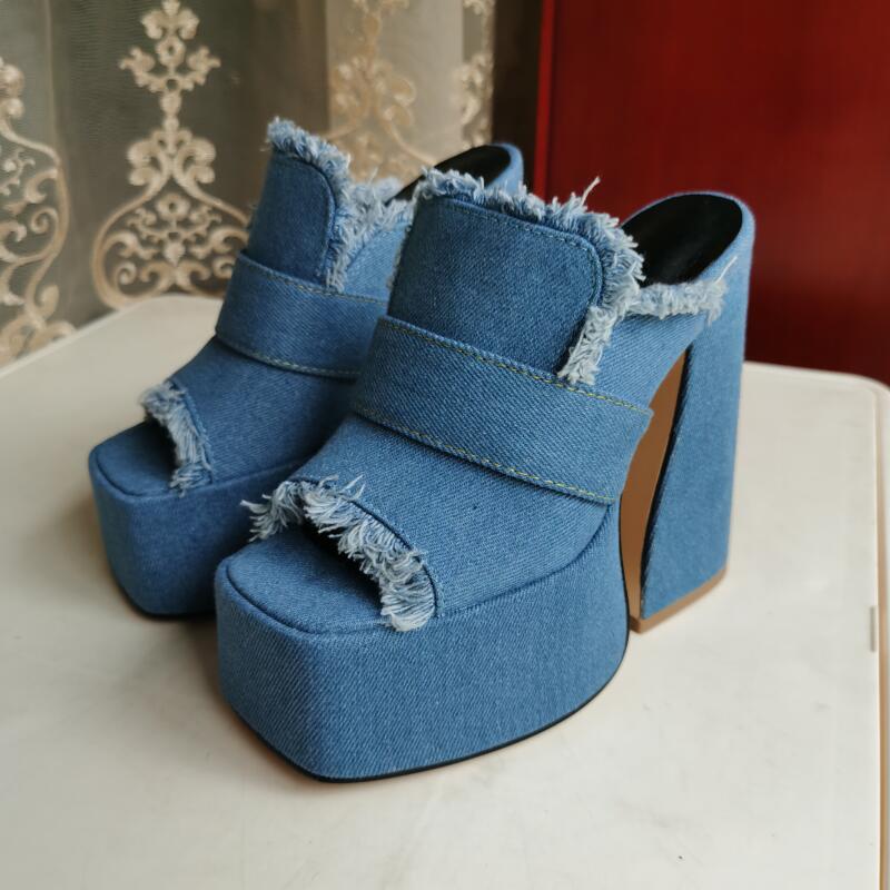 Denim Fish Mouth Thick Platform Heels