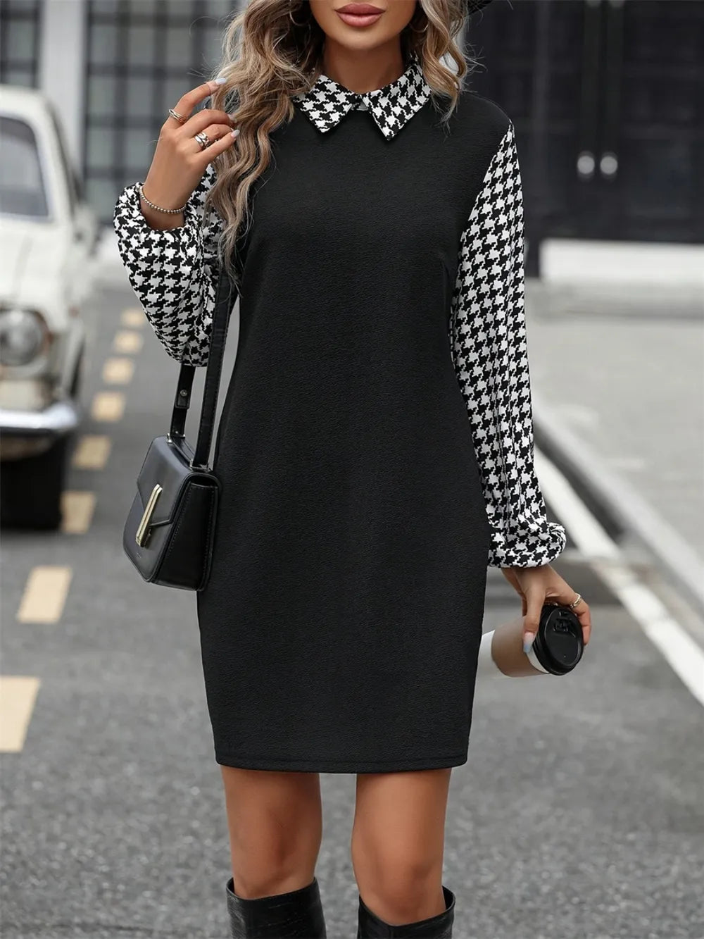 Splicing Collared Long Sleeve Dress