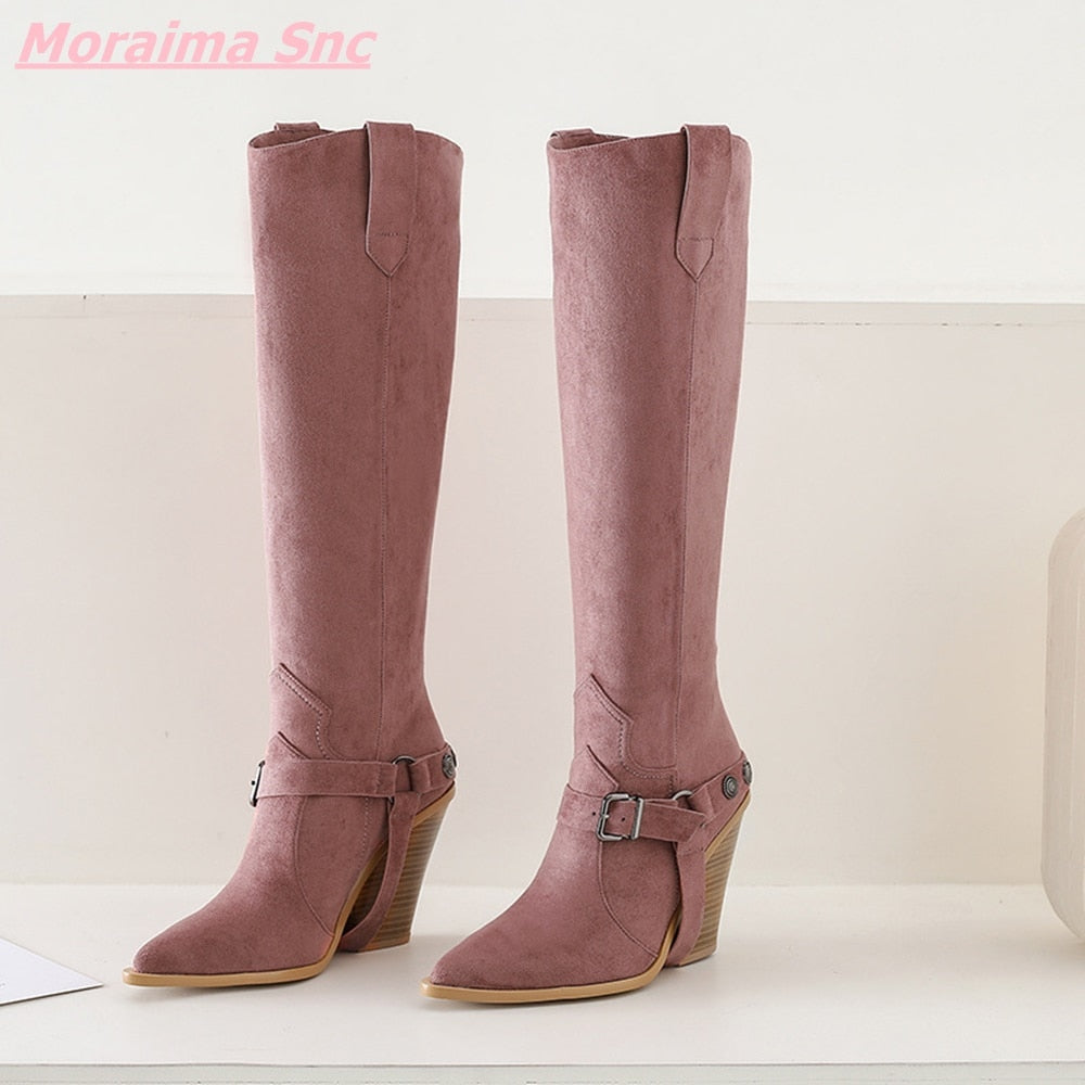 Snakeskin Pattern Knee-High Pointed Toe Wedges