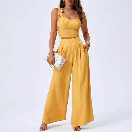 Open Back Suspender Top Wide Leg Casual Pants Two Piece Set