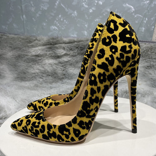 Synthetic Suede Flock Leopard Pointy Toe High Heels