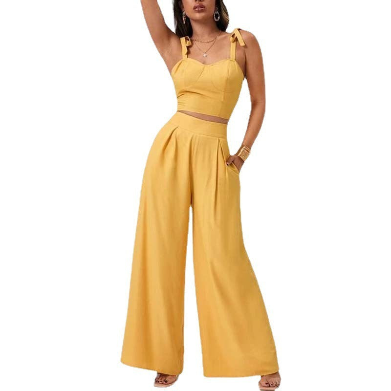 Open Back Suspender Top Wide Leg Casual Pants Two Piece Set