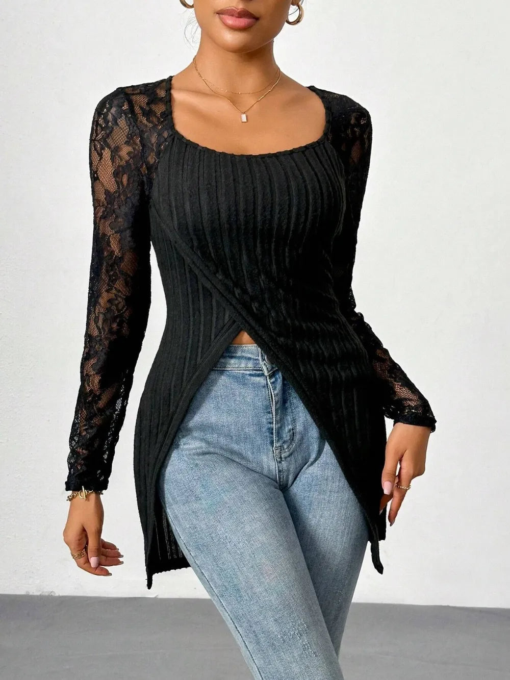 Square Neck Lace Patchwork Long Sleeve Shirt