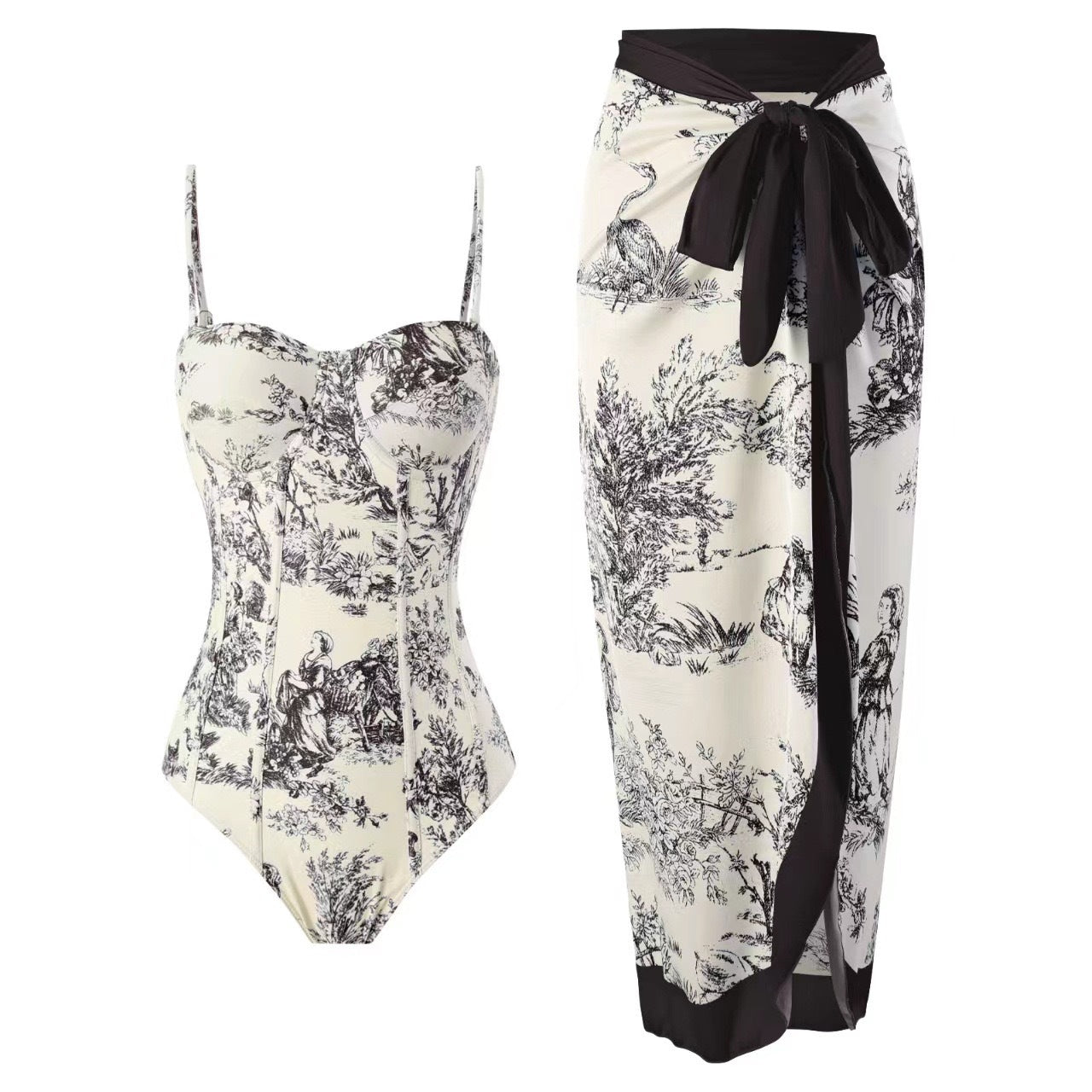 Floral One-Piece Spaghetti Strap Swimsuit Set