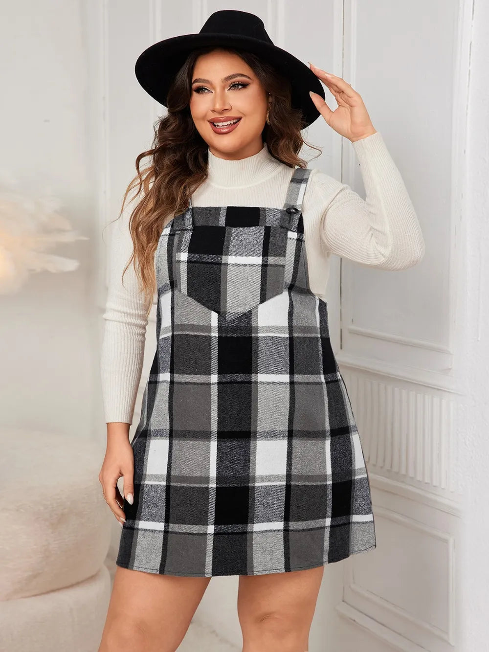 Plaid Wide Strap Overall Dress - Plus Size